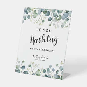 Eucalyptus social media wedding party hashtag pedestal sign