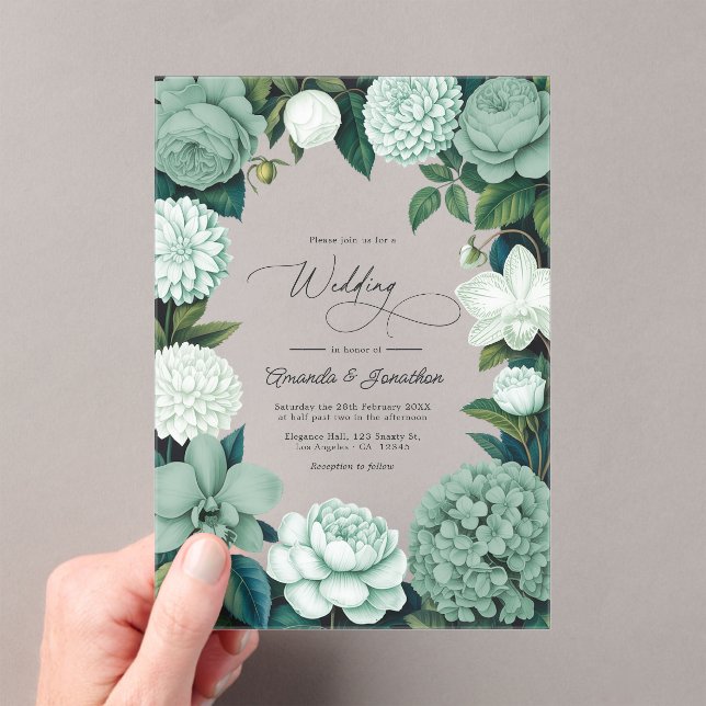 Eucalyptus Soft, Mint Frost & Snowdrop Wedding Acrylic Invitations (Insitu (Handheld))