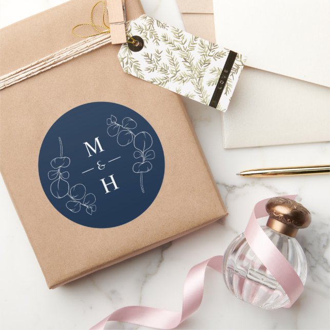 Eucalyptus Springs Monogram Navy Blue Wedding Classic Round Sticker (Gifting)