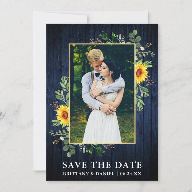 Eucalyptus Sunflower Blue Wood Save The Date Card (Front)