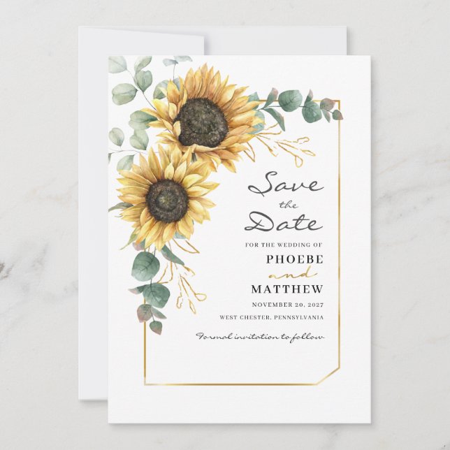Eucalyptus Sunflower Botanical Geometric Save The Date (Front)
