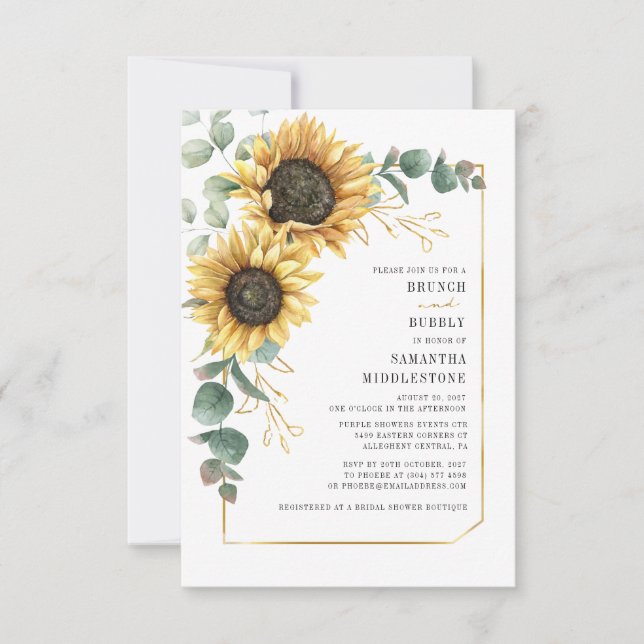 Eucalyptus Sunflower Bridal Shower Brunch Bubbly Invitation (Front)