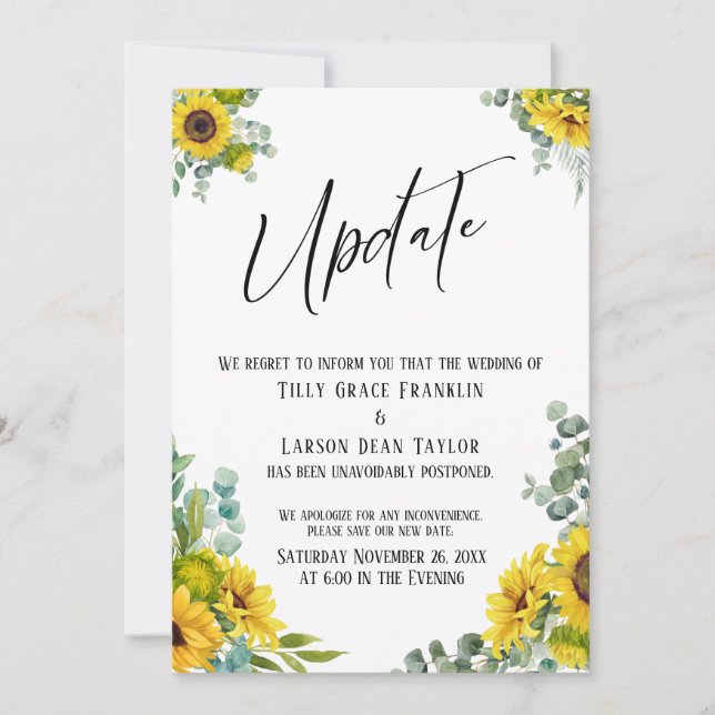 Eucalyptus Sunflower Delayed Wedding Update Card (Front)