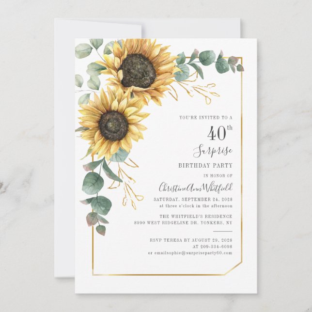 Eucalyptus Sunflower Floral 40th Birthday Invitation (Front)