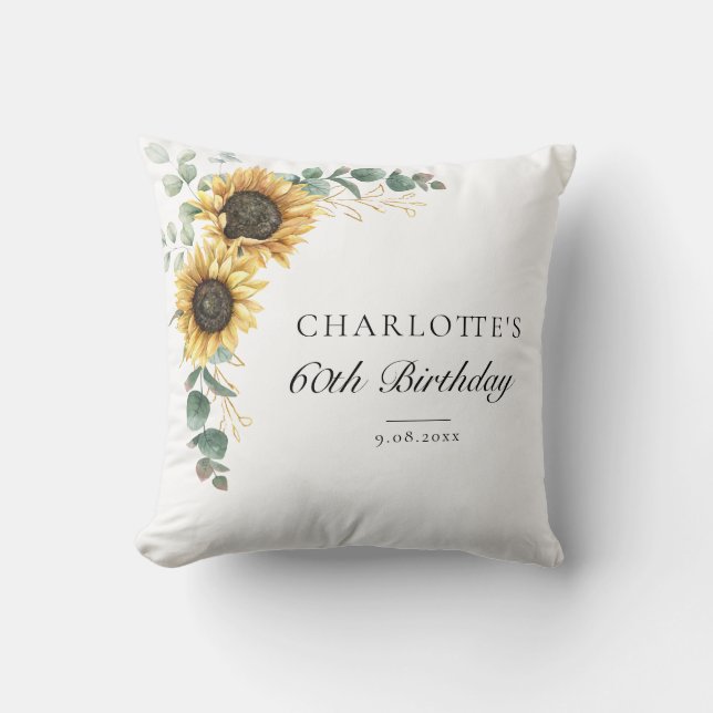 Eucalyptus Sunflower Floral Script 60th Birthday Throw Pillow (Front)