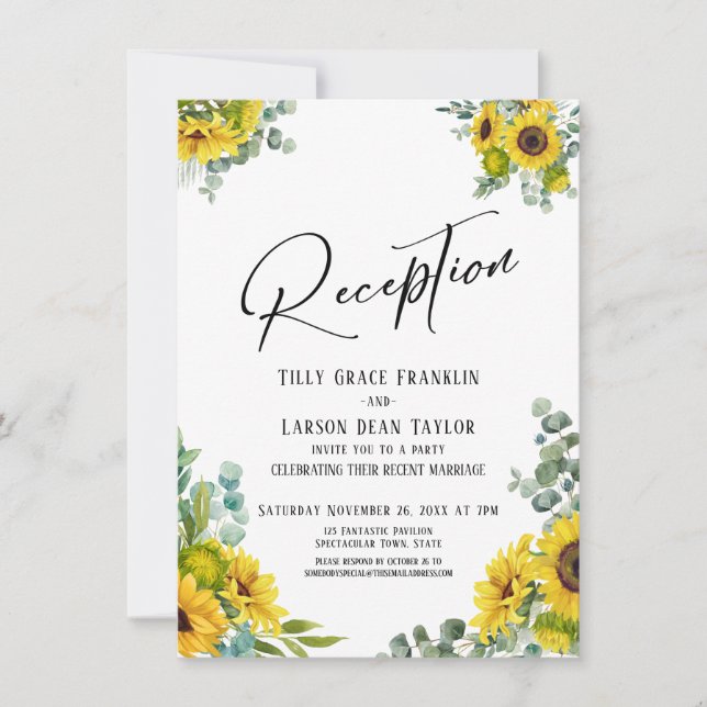 Eucalyptus Sunflower Handwriting Reception Invitation (Front)