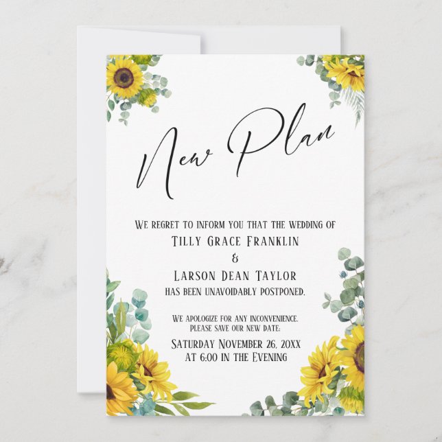 Eucalyptus Sunflower New Plan Delayed Wedding Card (Front)