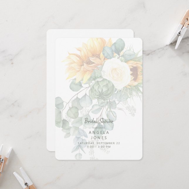  Eucalyptus Sunflower Tuscan Bridal Shower Rounded Invitation (Front/Back In Situ)