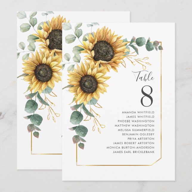 Eucalyptus Table Number Sunflower Wedding Seating (Front/Back)