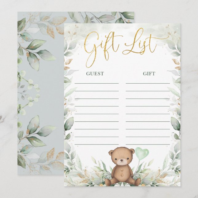 Eucalyptus Teddy Bear Balloon Baby Gift List Card (Front/Back)