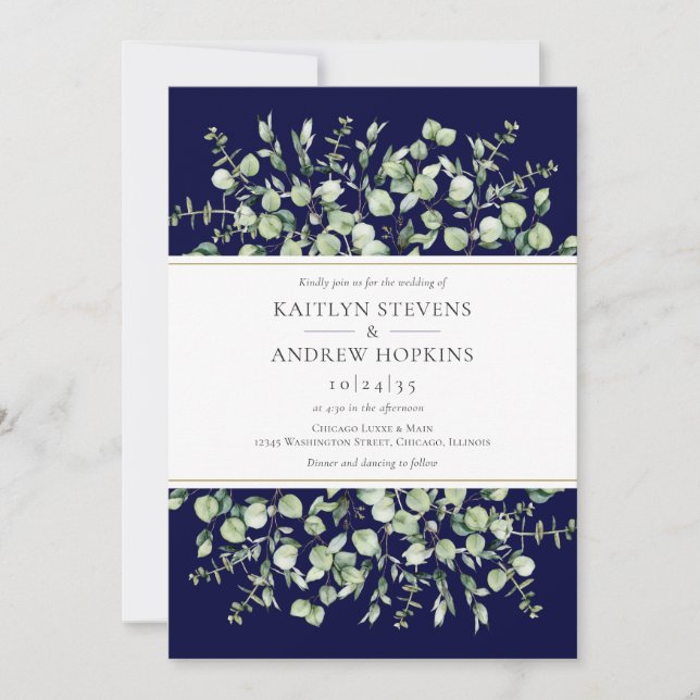 Eucalyptus tout en un Faire-part de mariage bleu m (Devant)