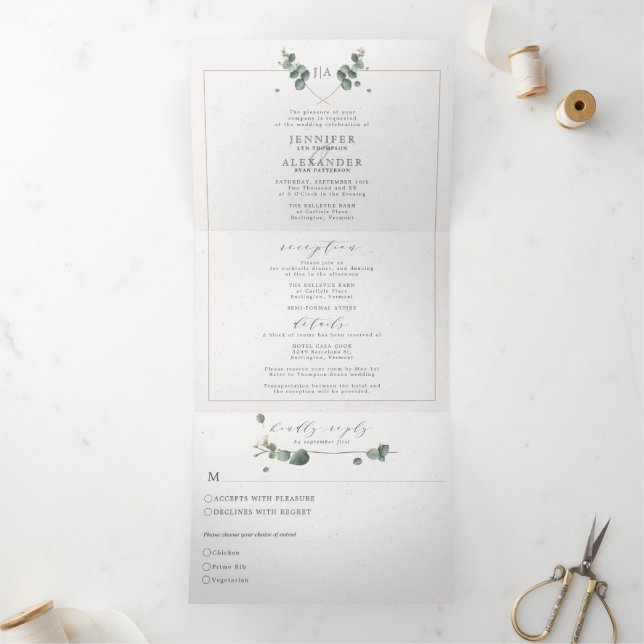 Eucalyptus tout en un Monogramme Mariage Tri-Fold (Intérieur)