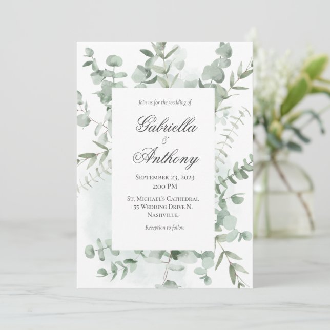 Eucalyptus Verdure Mariage moderne Invitations (Debout devant)