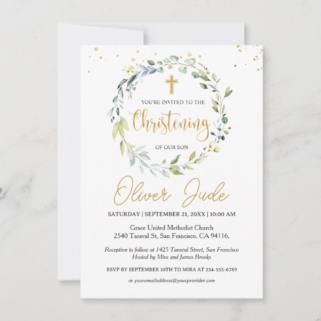 Eucalyptus vert Foliage Christening Invitation (Devant)