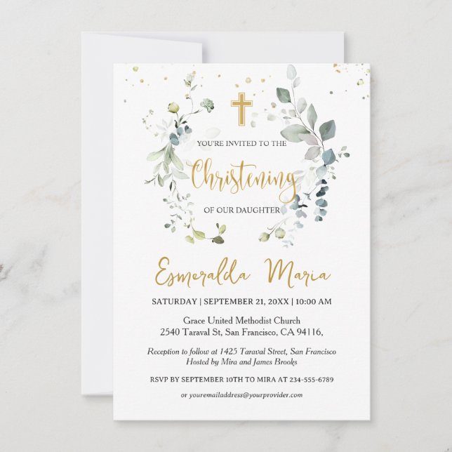 Eucalyptus vert Foliage Christening Invitation (Devant)