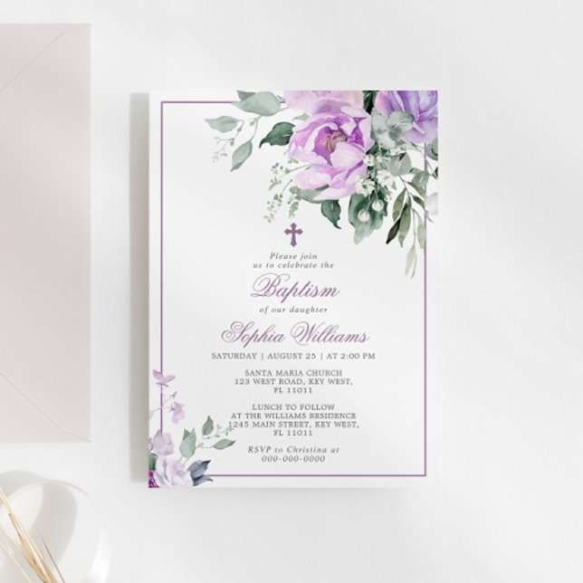 Eucalyptus Violet Flowers Baptism Invitation (Creator Uploaded)