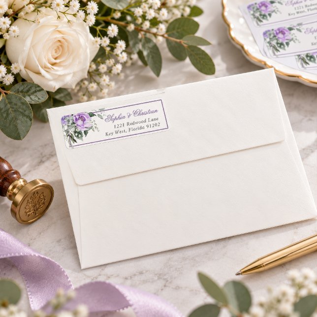 Eucalyptus Violet Flowers Return Address Label (Eucalyptus Violet Floral Wedding Address Label, purple watercolor rose, script names)