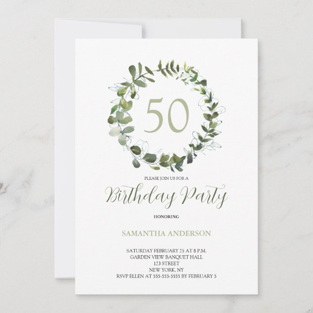 Eucalyptus Watercolor 50th Birthday  Invitation (Front)