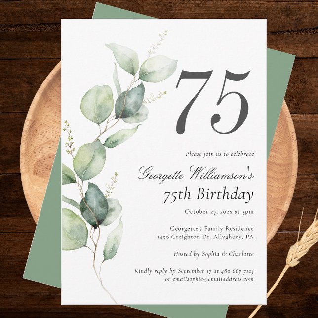 Eucalyptus Watercolor 75th Birthday Script Invitation (Eucalyptus Minimalist 75th Birthday Party Invitation)