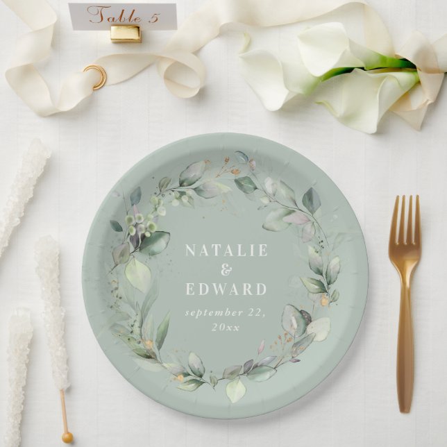 Eucalyptus watercolor botanical sage green wedding paper plate (Wedding)