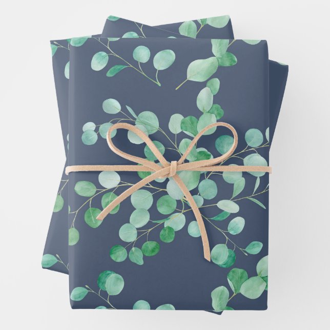 Eucalyptus Watercolor Branches On Navy Blue Wrapping Paper Sheet (In situ)