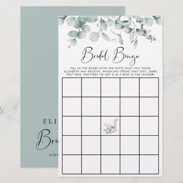 Eucalyptus Watercolor Bridal Bingo Shower Game (Front/Back)