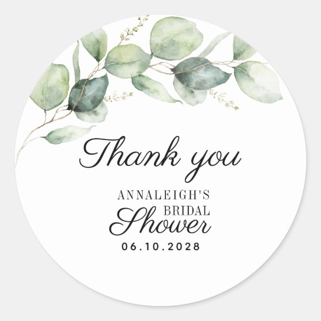 Eucalyptus Watercolor Bridal Shower Thank You Classic Round Sticker (Front)