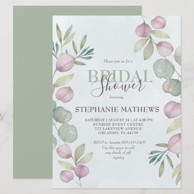 Eucalyptus Watercolor Dusty Blue Bridal Shower Invitation (Front/Back)