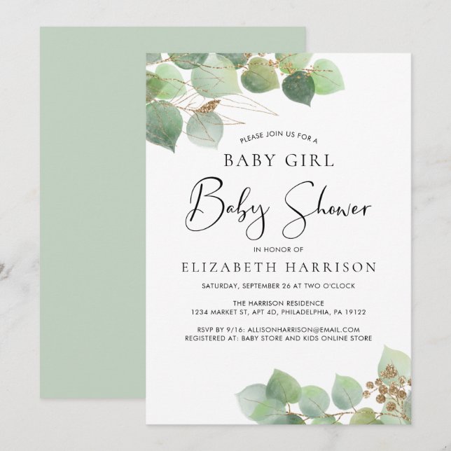 Eucalyptus Watercolor Girl Baby Shower Invitation (Front/Back)
