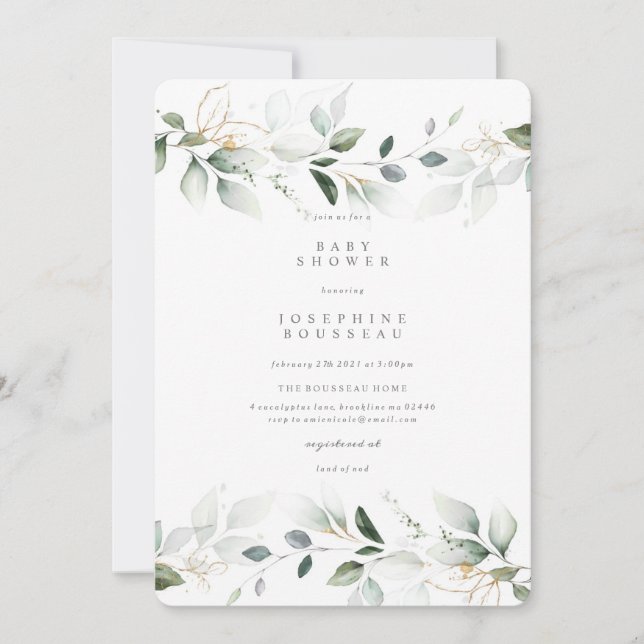 Eucalyptus Watercolor Gold Baby Shower Invitation (Front)