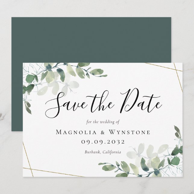 Eucalyptus Watercolor Gold Glitter Wedding  Save The Date (Front/Back)