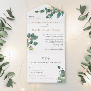 Eucalyptus Watercolor Gold Leaves Wedding  All In One Invitation
