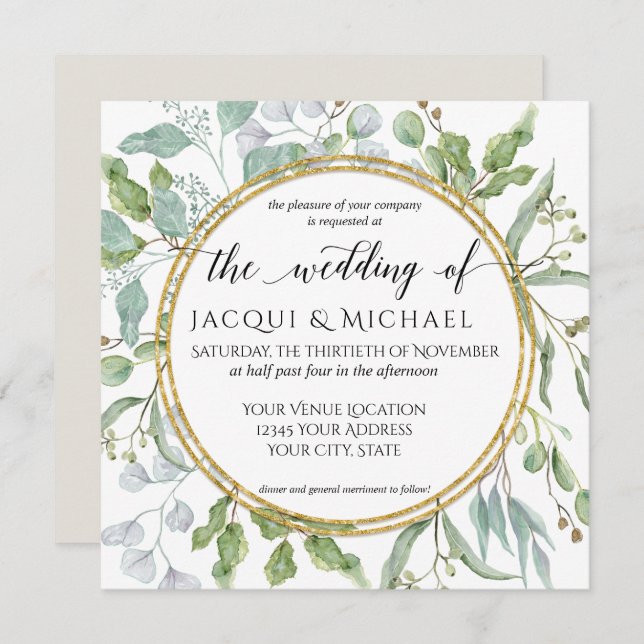 Eucalyptus Watercolor Green White Greenery Wedding Invitation (Front/Back)
