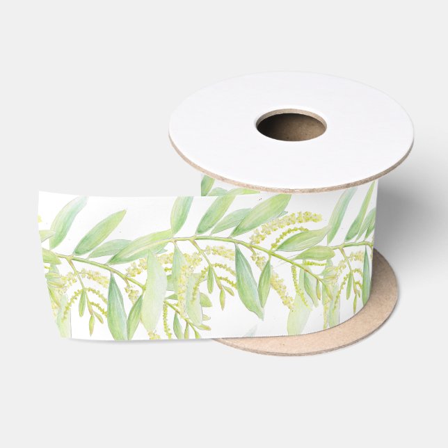 Eucalyptus watercolor green white ribbon satin ribbon (Spool)