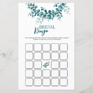 Eucalyptus Watercolor Greenery Bridal Shower Bingo