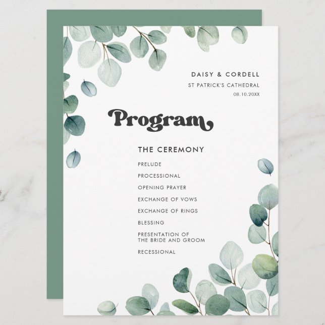 Eucalyptus watercolor greenery wedding program (Front/Back)