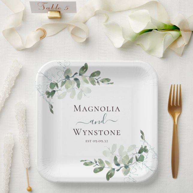 Eucalyptus Watercolor Monogram Paper Plate (Wedding)