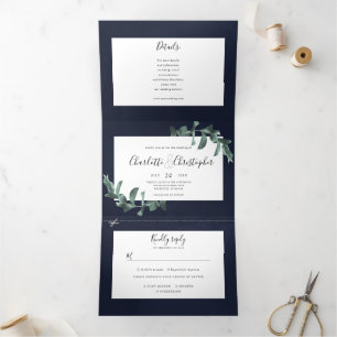 eucalyptus watercolor navy blue all in one wedding Tri-Fold invitation