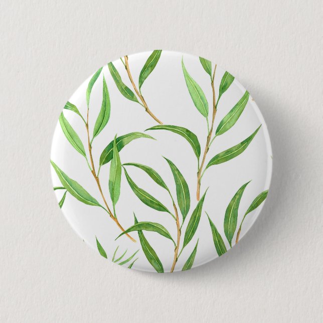 Eucalyptus watercolor pattern on white 2 inch round button (Front)