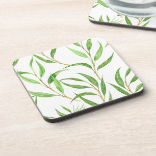 Eucalyptus watercolor pattern on white coaster