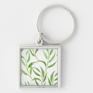 Eucalyptus watercolor pattern on white keychain