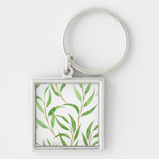 Eucalyptus watercolor pattern on white keychain (Front)