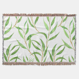 Eucalyptus watercolor pattern on white throw blanket
