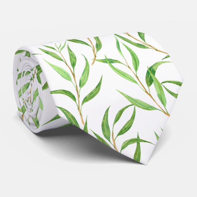 Eucalyptus watercolor pattern on white tie (Rolled)