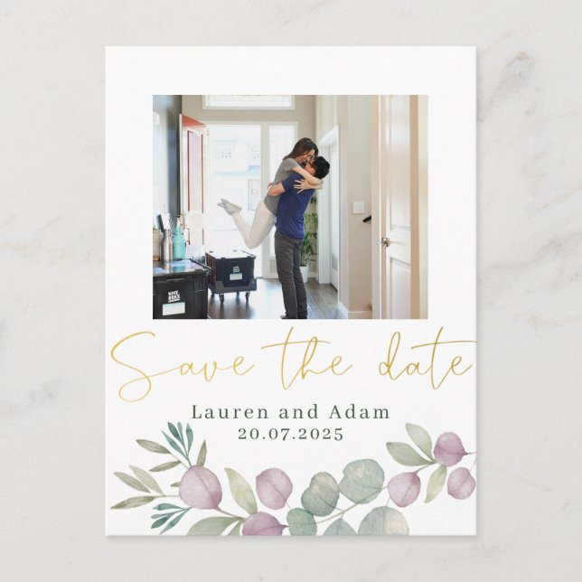 Eucalyptus Watercolor Photo Save The Date Announcement Postcard (Front)