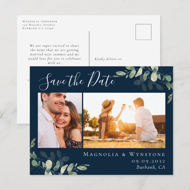 Eucalyptus Watercolor Photo Wedding Save the Date  Postcard (Front/Back)