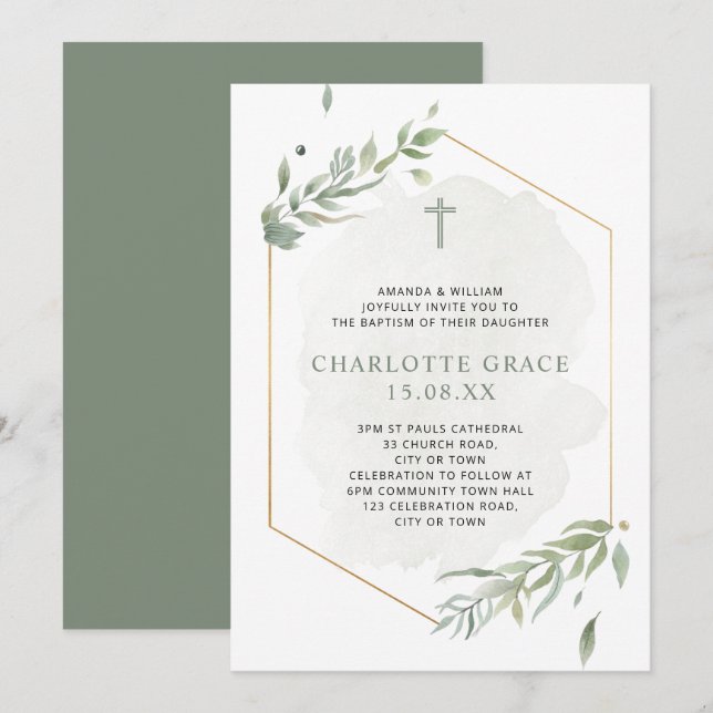 Eucalyptus Watercolor Sage Green & Gold Baptism In Invitation (Front/Back)