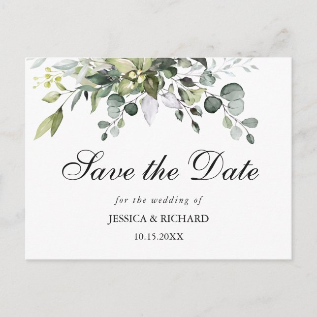 Eucalyptus Watercolor Save the Date Postcard (Front)