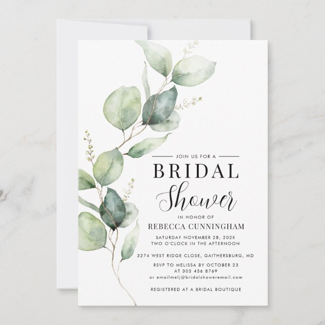 Eucalyptus Watercolor Script Bridal Shower Invitation (Front)