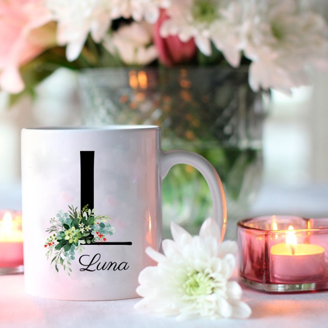 Eucalyptus Watercolor script monogram coffee mug (Creator Uploaded)